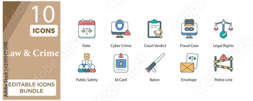 Law and Crime Editable Flat Outline Icons Bundle | Justice, Legal & Security Vector Pack