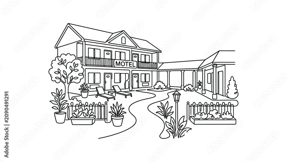 Obraz premium Black and white line art illustration of a cozy roadside motel exterior.