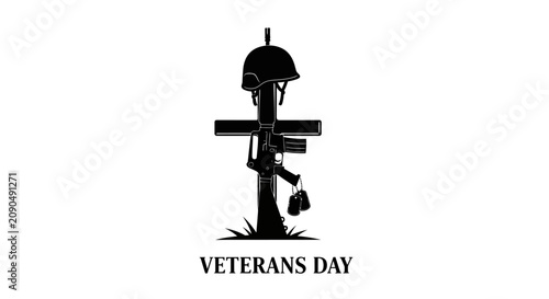Schilderij op canvas Black silhouette of rifle with helmet forming cross shape for memorial with grap