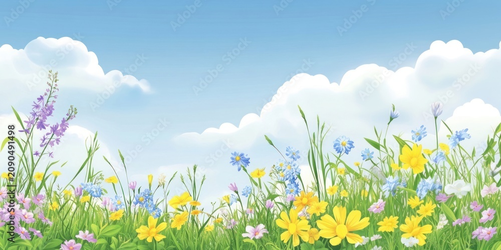 Fototapeta premium Wildflower field flowers sky illustration.