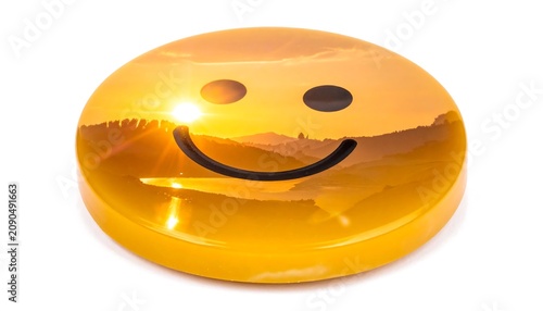 A vibrant, sunny smiley face, blending a cheerful expression with a stunning sunrise over mountainous terrain. It radiates warmth and joy