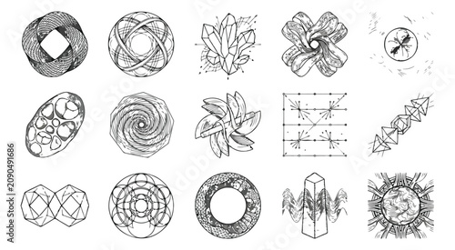 Fotografie Sacred geometry vector set, 15 mystical alchemy symbols and celestial icons, bla