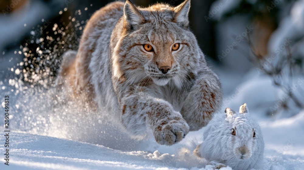 Fototapeta premium Lynx chasing rabbit in snowy landscape during winter afternoon Generative AI