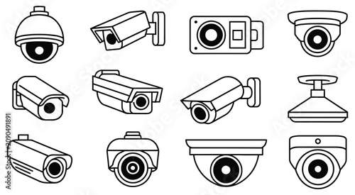 CCTV camera vector icon set featuring surveillance and video observation system symbols in line art style for security monitoring concepts, vector, designs