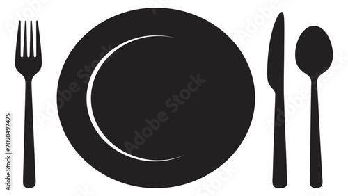 Konstfotografi Cutlery set including a fork, plate, knife, and spoon appears as a clean black graphic symbol