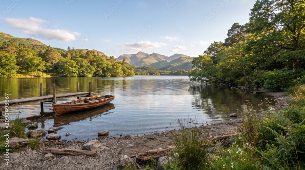 Fototapeta premium Wooden rowing boat beside a peaceful lakeside pier with lush forest and distant mountains under a blue summer sky, offering a tranquil nature and outdoor travel scene.
