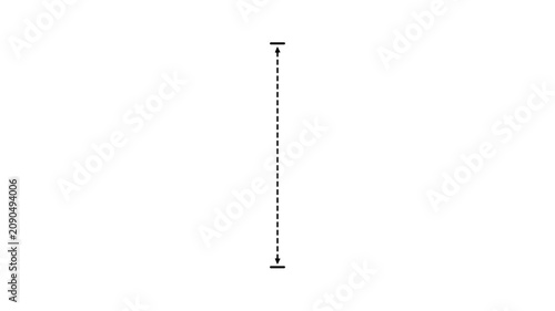 Vertical dashed dimension line animation arrows height measurement scale geometric blueprint element black minimalist loop motion graphic isolated on white background.
