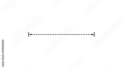 Dashed dimension line animation with arrows distance measurement scale geometric blueprint element Black minimalist horizontal loop motion graphic isolated on white background.