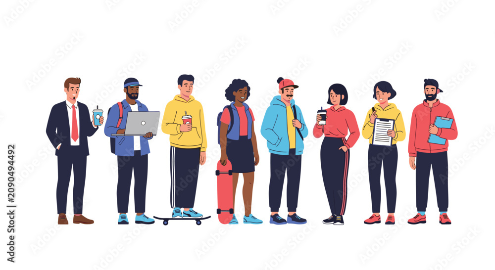 Obraz premium Group of diverse people standing together including professionals students and skaters with items like coffee laptops and clipboards in casual style.