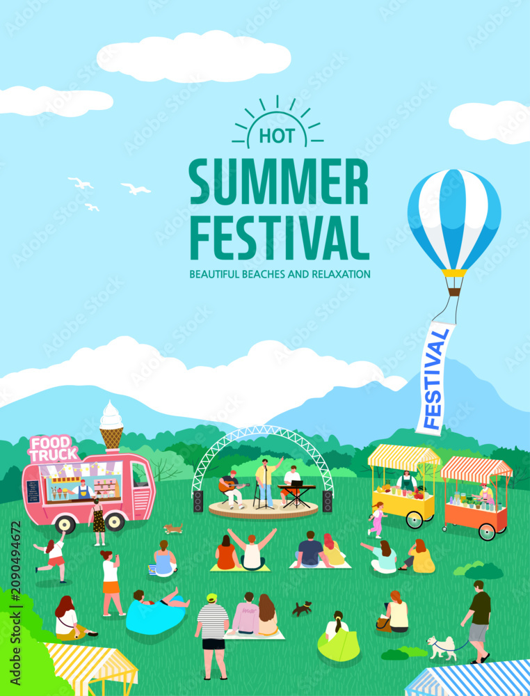Obraz premium Summer Festival Poster With Food Trucks Hot Air Balloon And Outdoor Event