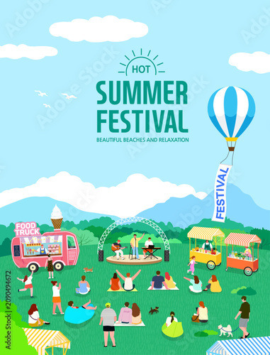Summer Festival Poster With Food Trucks Hot Air Balloon And Outdoor Event
