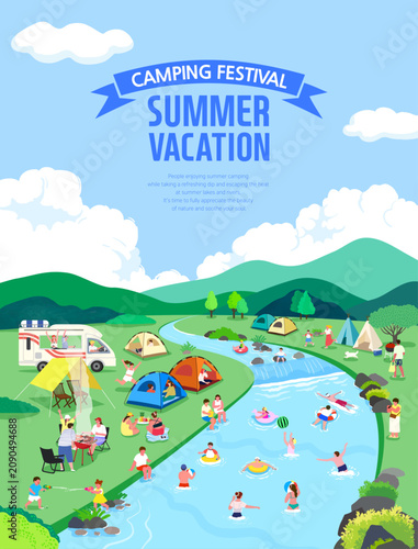 Summer Camping Festival Landscape With River Campsite And Family Activities

