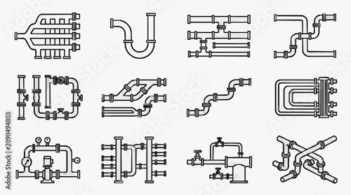 Obraz na plátně Modern Black and White Line Art Collection of Various Industrial Pipe Fitting Di