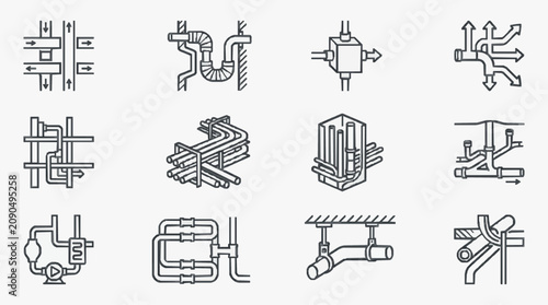 Fotografie Minimalist Black and White Line Art Collection of Various Plumbing Fixtures Valv