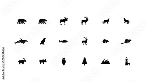 Foto Minimalist black and white wildlife and nature silhouette icons set against clea