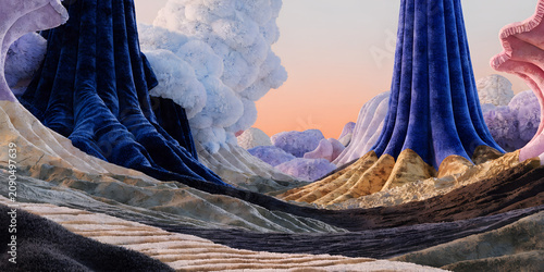 Surreal Animation Background of Velvet Texture Mountains and Fluffy Cloud Formations Under a Pastel Sky