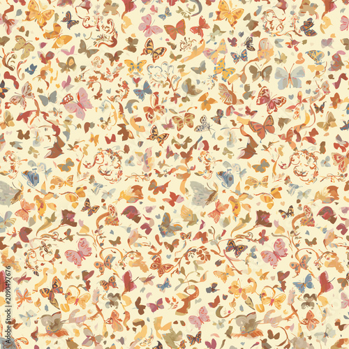 A vibrant and intricate seamless pattern featuring a multitude of small, colorful butterflies in various hues against a light cream background, with subtle floral accents.
