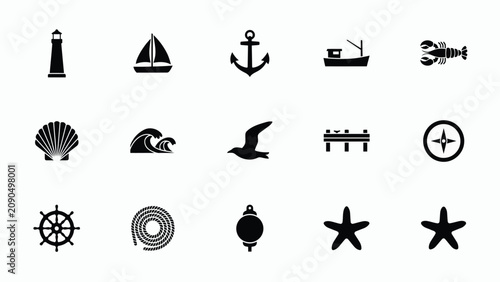 Schilderij op canvas Minimalist black and white nautical themed icon set with high contrast collectio