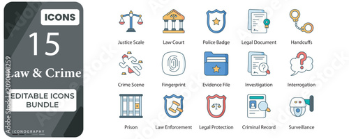 Law and Crime Editable Flat Outline Icons Bundle | Justice, Police, Investigation and Legal Vector Pack