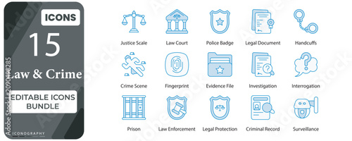 Law and Crime Editable Doutone Icons Bundle | Justice, Police, Investigation and Legal Vector Pack