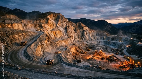 Aerial view of a large industrial stone quarry during golden hour.