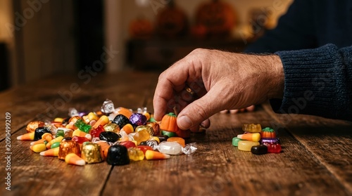 Senior man hand sorting colorful Halloween candy on rustic wooden table, festive autumn holiday preparation, seasonal treat selection, nostalgic celebration concept