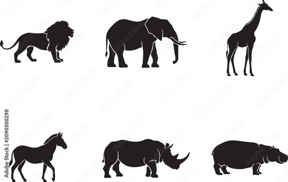 Fototapeta premium Black silhouettes of african safari animals, lion, elephant, giraffe, zebra, rhino, and hippo