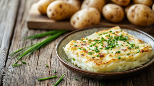 Creamy mashed potato gratin with chives, served on a rustic wooden table with raw potatoes in the background.