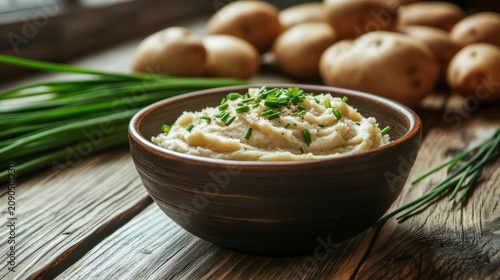 Creamy mashed potatoes in a rustic bowl, garnished with fresh chives, alongside raw potatoes and more chives.