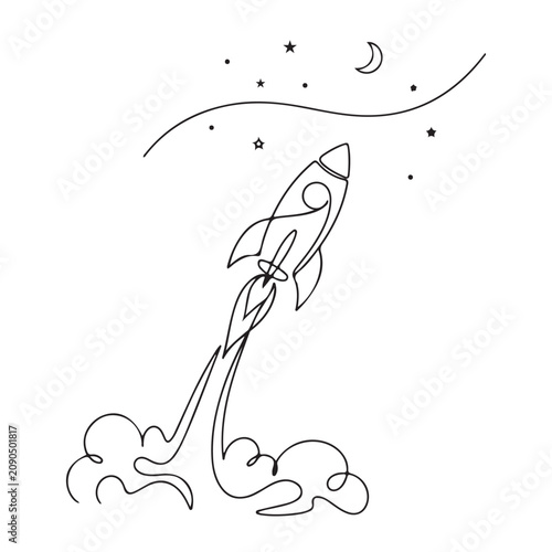 Minimalist Continuous One Line Rocket Launch Vector, Single Line Space Rocket Ship Drawing, Modern Outline Line Art Illustration Isolated on White Background