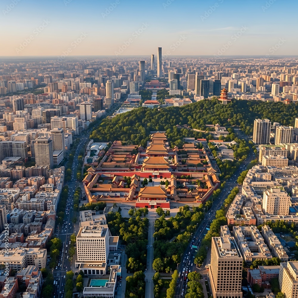 Obraz premium Aerial View of Historic Palace Complex Surrounded by Modern City at Sunset
