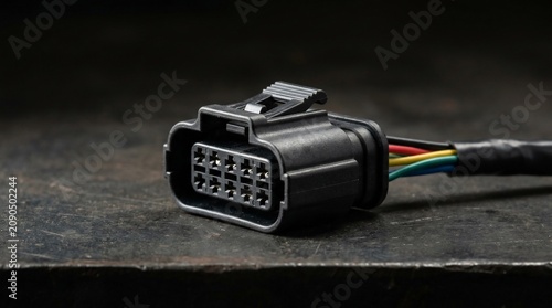 Automotive electrical wiring harness connector with multi-colored cables.