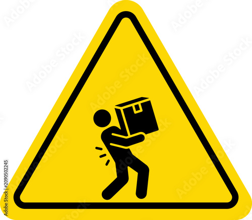 Heavy lifting warning sign vector icon with person carrying heavy box and back pain injury
