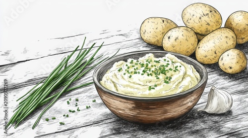 Creamy mashed potatoes in a wooden bowl, garnished with chives, alongside whole potatoes and garlic on a rustic wooden surface.