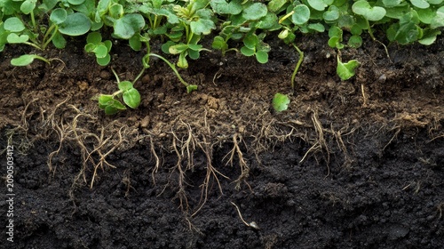 Cross-section of soil showing plant roots and sprouts.