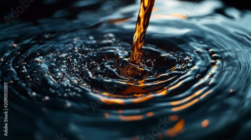 Dark liquid pouring into a bowl, creating concentric ripples and bubbles.