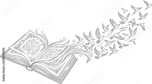 Beautiful black and white illustration of an open book with birds flying out of it in a decorative fantasy style with swirling lines and floral patterns on the pages.