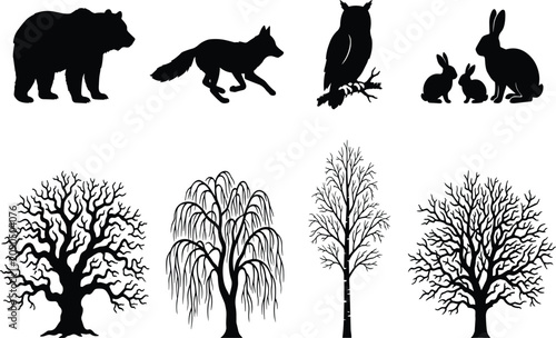 Canvas Print Woodland forest animals and bare winter trees black silhouette icons set isolate