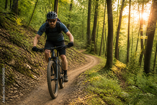 A mountain biker rides a dirt trail through a sunlit forest.