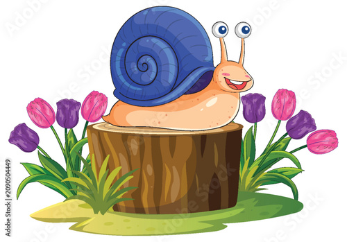 Happy Cartoon Snail Resting on a Wooden Stump Surrounded by Tulips