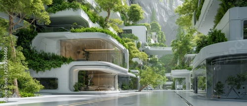 Futuristic Eco-City with Green Architecture and Lush Vertical Gardens.