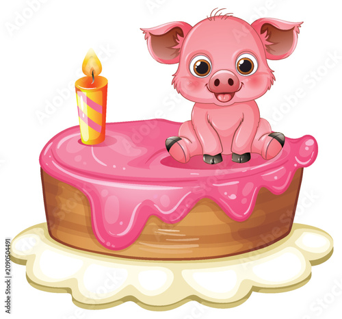 Cute Cartoon Piglet Sitting on Pink Birthday Cake with Candle