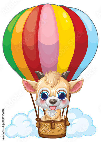 Cute Cartoon Goat Flying in a Colorful Hot Air Balloon