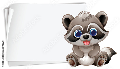 Cute Cartoon Raccoon Sitting Next to Blank White Paper Banner