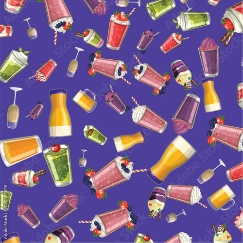 Seamless Vector Pattern of Fruit Smoothies and Milkshakes on Blue Background