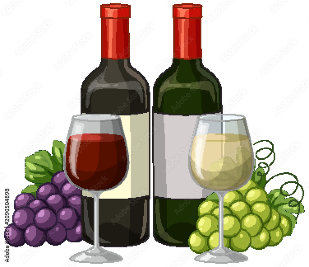Obraz premium Red and White Wine Bottles with Glasses and Fresh Grapes