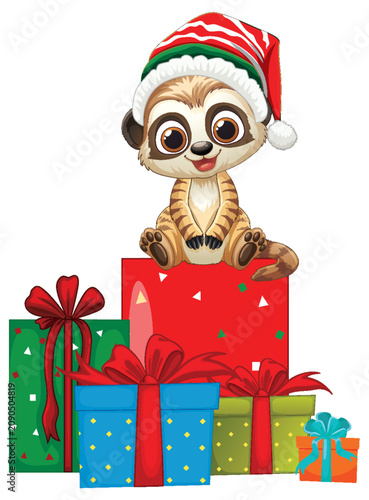 Cute Cartoon Meerkat Wearing Santa Hat Sitting on Christmas Gift Boxes