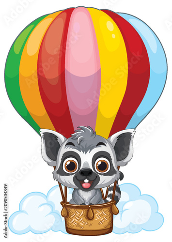 Cute Cartoon Lemur Flying in a Colorful Hot Air Balloon