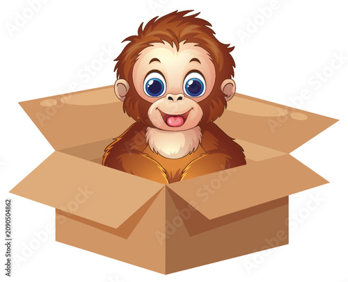 Cute Cartoon Orangutan Sitting Inside an Open Cardboard Box