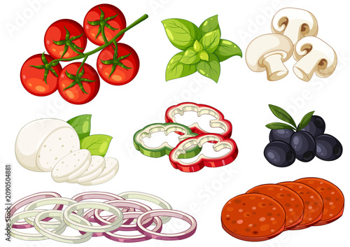 Assorted Italian Pizza Toppings Vector Illustration Set on White Background